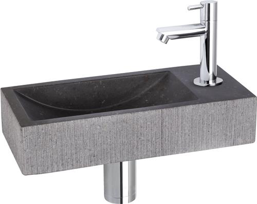 Differnz Ribble Fonteinset - Wasbak Natuursteen Bombai Black - Antraciet - Rechte Kraan - Chroom - Standaard Greep - 38 x 18 x 8 cm