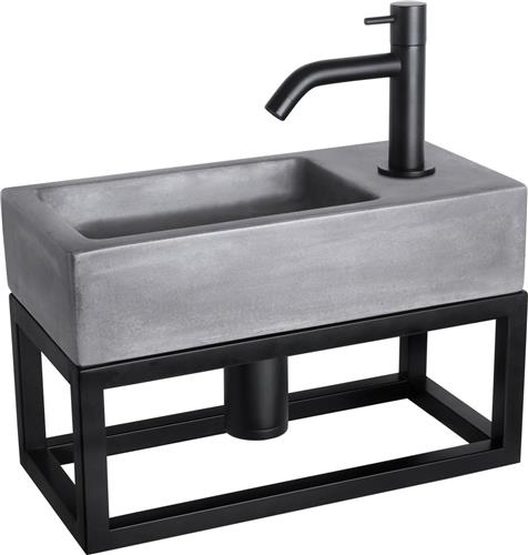 Differnz Ravo Fonteinset - Wasbak Beton - Donkergrijs - Gebogen Kraan - Mat Zwart - Standaard Greep - 38.5 x 18.5 x 9 cm - Met Handdoekrek - Zwart