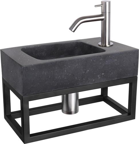 Differnz Fonteinset - Wasbak Natuursteen Bombai Black - Antraciet - Gebogen Kraan - Mat Chroom - Standaard Greep - 40 x 22 x 9 cm - Met Handdoekrek - Zwart