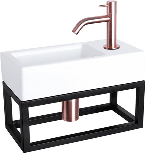 Differnz Ravo Fonteinset - Wasbak Keramiek - Wit - Gebogen Kraan - Rood Koper - Standaard Greep - 38.5 x 18.5 x 9.5 cm - Met Handdoekrek - Zwart