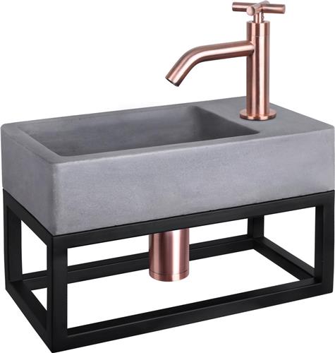 Differnz Force Fonteinset - Wasbak Beton - Donkergrijs - Gebogen Kraan - Rood Koper - Kruisgreep - 40 x 22 x 8 cm - Met Handdoekrek - Zwart