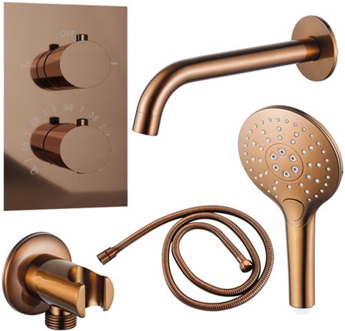 Fortifura Calvi Badkraan set - uitloop - 22cm inkortbaar - metalen slang - ronde handdouche - inbouwdeel - wandhouder - geborsteld koper PVD