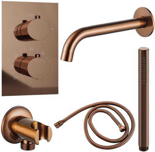 Fortifura Calvi Badkraan set - uitloop - 22cm inkortbaar - metalen slang - staafhanddouche - inbouwdeel - wandhouder - geborsteld koper PVD