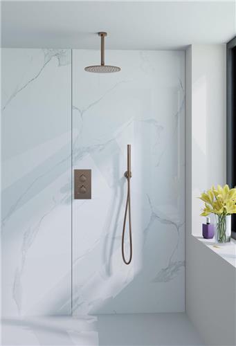 Fortifura Calvi Inbouw Regendoucheset - thermostatisch - plafondarm - 25cm hoofddouche - staaf handdouche - metalen doucheslang - geborsteld koper PVD