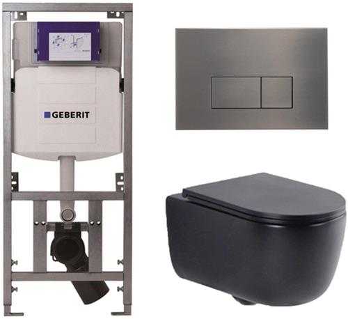 QeramiQ Dely Swirl Toiletset - 36.3x51.7cm - Geberit UP320 Burda inbouwreservoir - slim zitting - gunmetal bedieningsplaat - rechthoekige knoppen - mat zwart