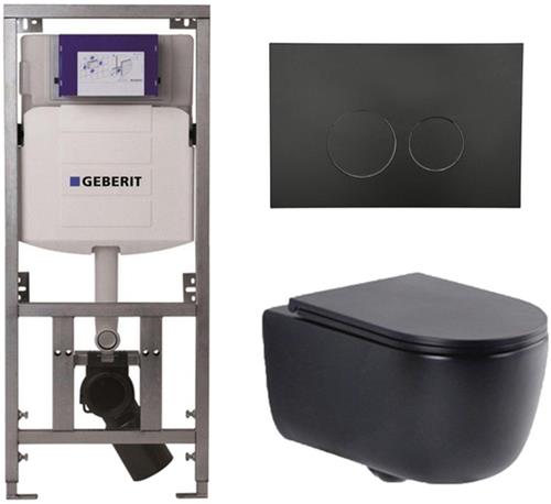 QeramiQ Dely Swirl Toiletset - 36.3x51.7cm - Geberit UP320 Burda inbouwreservoir - slim zitting - mat zwarte bedieningsplaat - ronde knoppen - mat zwart