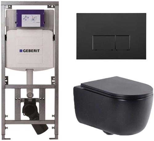 QeramiQ Dely Swirl Toiletset - 36.3x51.7cm - Geberit UP320 Burda inbouwreservoir - slim zitting - mat zwarte bedieningsplaat - rechthoekige knoppen - mat zwart