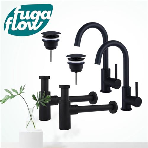 Fortifura Calvi Wastafelkraanset - voor dubbele wastafel - hoge wastafelkraan - draaibare uitloop - always open plug - design sifon - Mat zwart