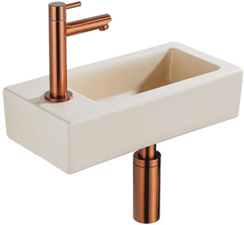QeramiQ Fuente Fonteinset - 37.5x18.5x9cm - keramiek - kraangat links - fonteinkraan geborsteld koper - afvoerplug - verlaagd sifon - Mat Beige