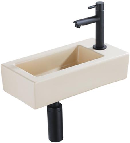 QeramiQ Fuente Fonteinset - 37.5x18.5x9cm - keramiek - kraangat rechts - fonteinkraan zwart mat - afvoerplug - verlaagd sifon - Mat Beige
