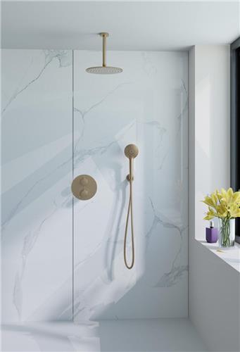 Fortifura Calvi Inbouw Regendoucheset - rond - thermostatisch - plafondarm - 25cm hoofddouche - ronde handdouche - Geborsteld Messing PVD (Goud)