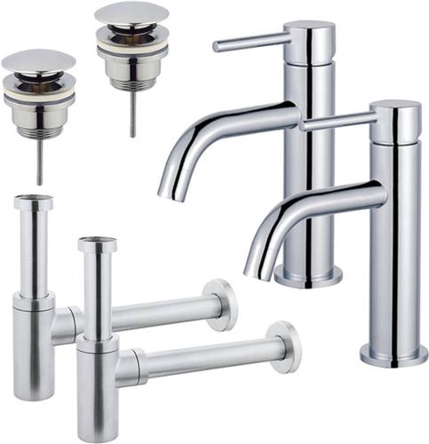 Fortifura Calvi Slim Wastafelkraanset - voor dubbele wastafel - lage wastafelkraan - klikwaste plug - design sifon - Chroom