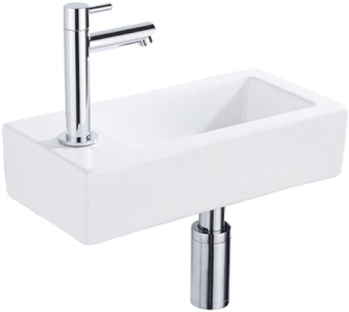 QeramiQ Fuente Fonteinset - 37.5x18.5x9cm - keramiek - kraangat links - fonteinkraan chroom - afvoerplug - verlaagd sifon - Mat wit