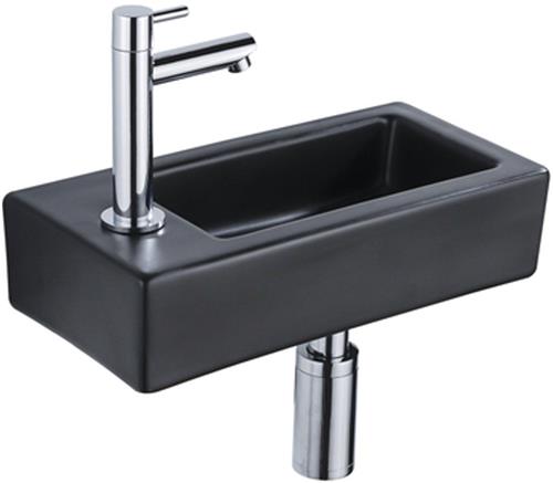 QeramiQ Fuente Fonteinset - 37.5x18.5x9cm - keramiek - kraangat links - fonteinkraan chroom - afvoerplug - verlaagd sifon - Mat Zwart