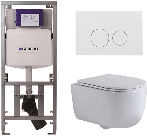 QeramiQ Dely Swirl Toiletset - 36.3x51.7cm - Geberit UP320 Burda inbouwreservoir - slim zitting - glans witte bedieningsplaat - ronde knoppen - wit glans
