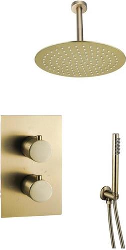 Fortifura Calvi Inbouw Regendoucheset - thermostatisch - plafondarm - 25cm hoofddouche - staaf handdouche - gladde doucheslang - Geborsteld Messing PVD (Goud)