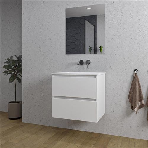 Adema Chaci Badkamermeubelset - 60x46x57cm - 1 keramische wasbak wit - zonder kraangaten - 2 lades - rechthoekige spiegel - mat wit