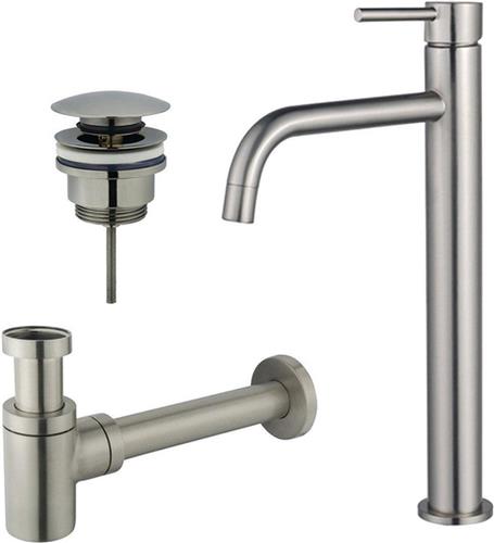 Fortifura Calvi Slim Wastafelkraanset - verhoogde wastafelkraan - klikwaste plug - verlaagde design sifon - Geborsteld RVS PVD (RVS)