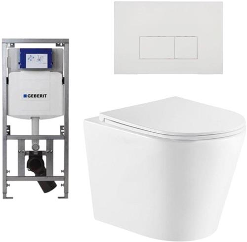 QeramiQ Dely Toiletset - 36.3x51.7cm - diepspoel - rimless - Geberit UP320 Burda inbouwreservoir - softclose toiletzitting - mat witte bedieningsplaat - rechtehoekige knoppen - wit mat