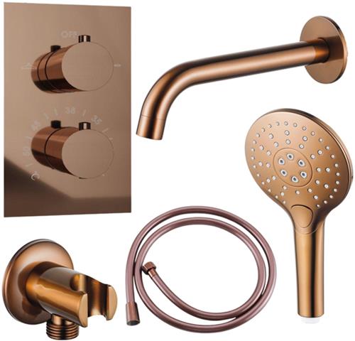 Fortifura Calvi Badkraan set - uitloop - 22cm inkortbaar - gladde slang - ronde handdouche - inbouwdeel - wandhouder - geborsteld koper PVD