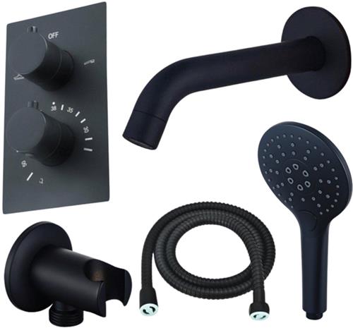 Fortifura Calvi Badkraan set - uitloop - 22cm inkortbaar - metalen slang - ronde handdouche - inbouwdeel - wandhouder - mat zwart