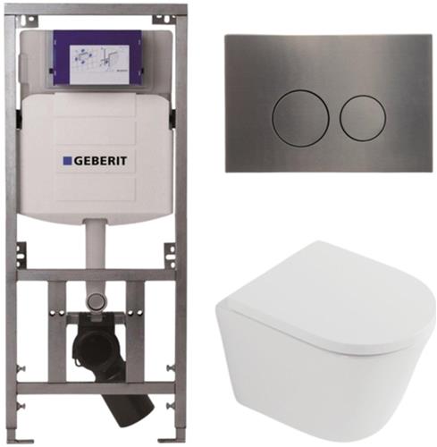 QeramiQ Dely Toiletset - 36.3x51.7cm - diepspoel - rimless - Geberit UP320 inbouwreservoir - softclose toilet zitting 35 mm - gunmetal bedieningsplaat - ronde knoppen - mat wit