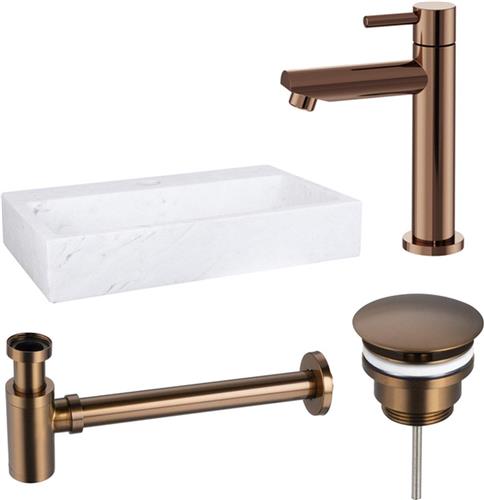 Fortifura Fuente fonteinset - 38x24cm - 1 kraangat - marmer - fonteinkraan koper - wit