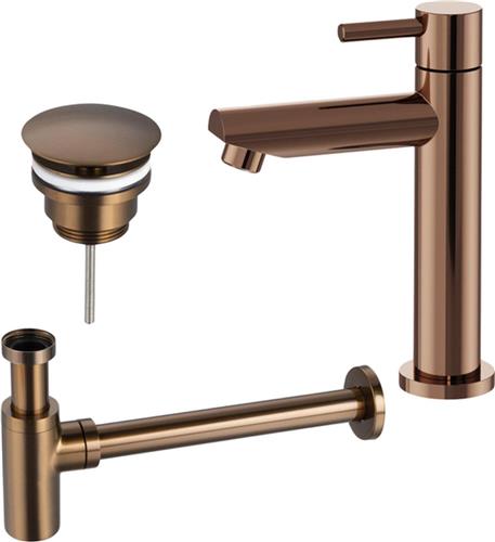 Fortifura Calvi fonteinkraanset met staande fonteinkraan laag, always open plug en design sifon PVD Geborsteld koper PVD (Koper)