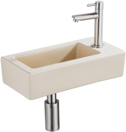 QeramiQ Fuente Fonteinset - 37.5x18.5x9cm - keramiek - kraangat rechts - fonteinkraan geborsteld RVS - afvoerplug - verlaagd sifon - Mat Beige