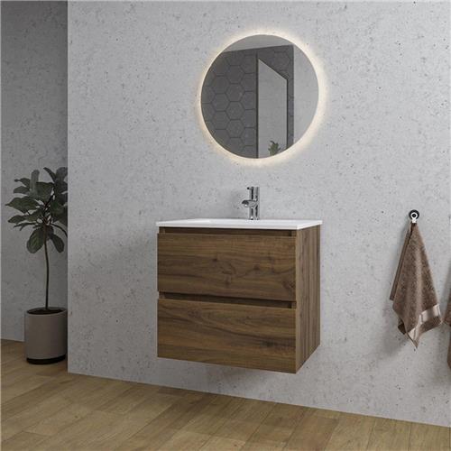 Adema Chaci Badkamermeubelset - 60x46x57cm - 1 keramische wasbak wit - 1 kraangat - 2 lades - ronde spiegel met verlichting - noten (hout)