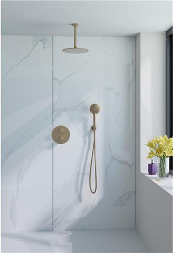 Fortifura Calvi Inbouw Regendoucheset - rond - thermostatisch - plafondarm - 25cm hoofddouche - ronde handdouche - gladde slang - Geborsteld Messing PVD (Goud)