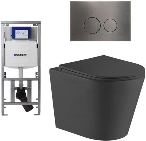 QeramiQ Dely Toiletset - 36.3x51.7cm - diepspoel - rimless - Geberit UP320 Burda inbouwreservoir - softclose toiletzitting - gunmetal bedieningsplaat - ronde knoppen - zwart mat