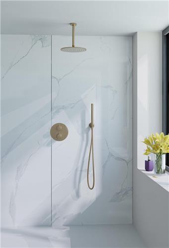 Fortifura Calvi Inbouw Regendoucheset - rond - thermostatisch - plafondarm - 25cm hoofddouche - staaf handdouche - Geborsteld Messing PVD (Goud)