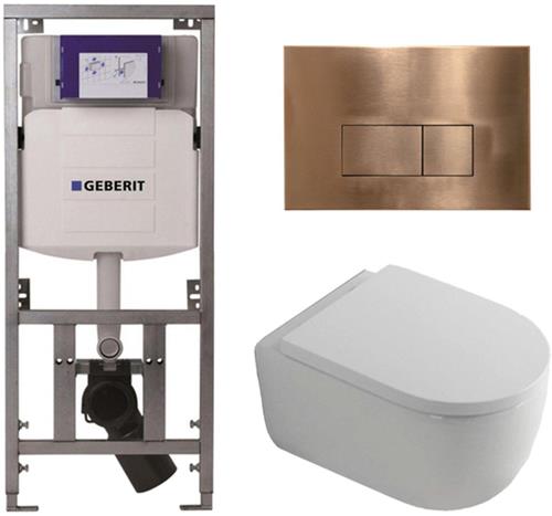 QeramiQ Dely Swirl Toiletset - 36.3x51.7cm - Geberit UP320 Burda inbouwreservoir - 35mm zitting - koperen bedieningsplaat - rechthoekige knoppen - wit glans