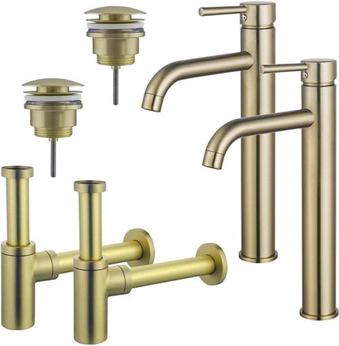 Fortifura Calvi Wastafelkraanset - voor dubbele wastafel - verhoogde wastafelkraan - klikwaste plug - design sifon - Geborsteld Messing PVD (Goud)