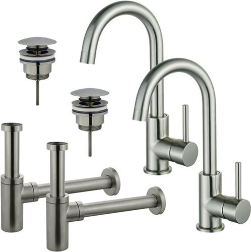 Fortifura Calvi Wastafelkraanset - voor dubbele wastafel - hoge wastafelkraan - draaibare uitloop - klikwaste plug - design sifon - Geborsteld RVS PVD (RVS)