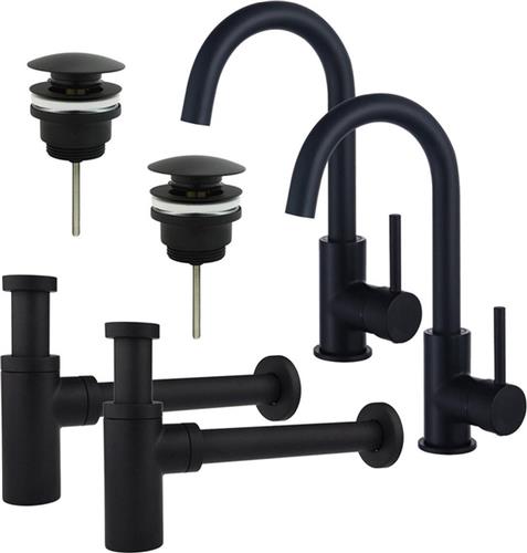 Fortifura Calvi Wastafelkraanset - voor dubbele wastafel - hoge wastafelkraan - draaibare uitloop - klikwaste plug - design sifon - Mat zwart