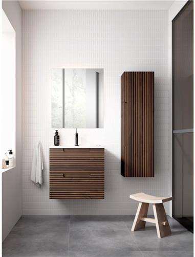Saniclass Prime Balance Badkamermeubelset - 60x55x45cm - 1 rechthoekige keramische wasbak wit - 1 kraangat - 2 lades - rechthoekige spiegel - noten