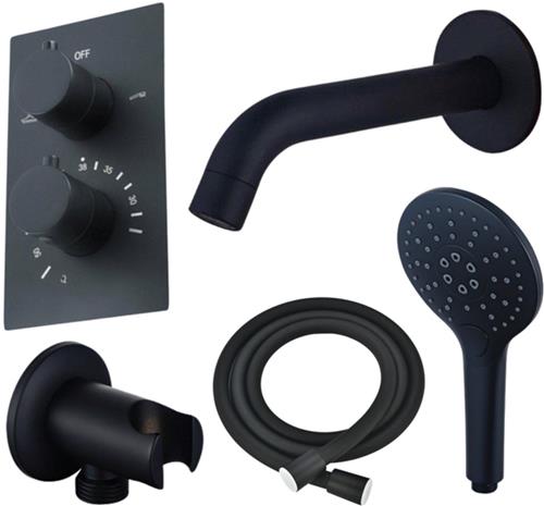 Fortifura Calvi Badkraan set - uitloop - 22cm inkortbaar - gladde slang - ronde handdouche - inbouwdeel - wandhouder - mat zwart