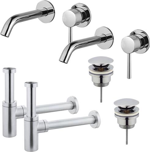 Fortifura Calvi Wastafelkraanset - voor dubbele wastafel - inbouw wastafelkraan - klikwaste plug - design sifon - Chroom