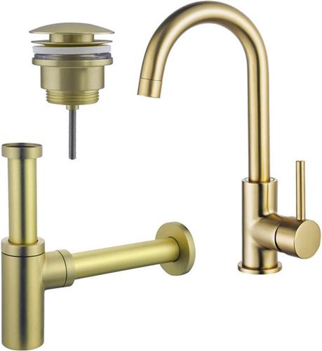 Fortifura Calvi Wastafelkraanset - hoge wastafelkraan - draaibare uitloop - klikwaste plug - design sifon - Geborsteld Messing PVD (Goud)