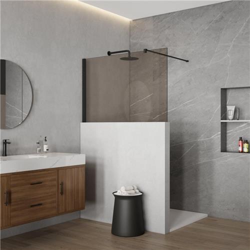 Fortifura Galeria Halfhoge Inloopdouche - 100x80cm - rookglas - 8mm - nano - met profiel en stabilisatiestang - Mat Zwart