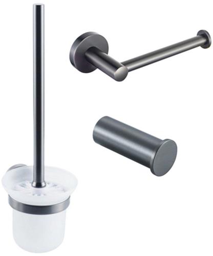 Fortifura Calvi Toiletset 3-delig - toiletrolhouder zonder klep - toiletborstel - handdoekhaak enkel rond - Geborsteld Gunmetal PVD