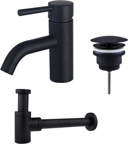 Fortifura Calvi Wastafelkraanset - lage wastafelkraan - always open plug - verlaagde design sifon - Mat zwart