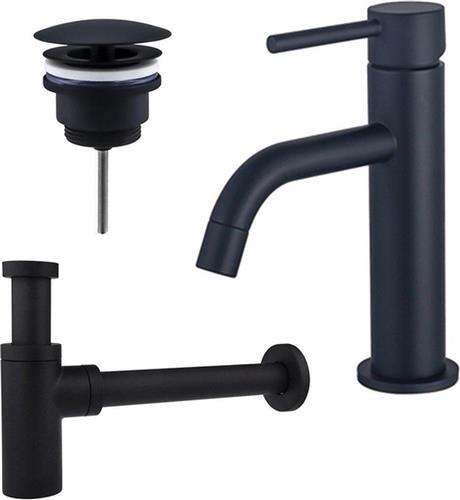 Fortifura Calvi Slim Wastafelkraanset - lage wastafelkraan - always open plug - design sifon - Mat zwart