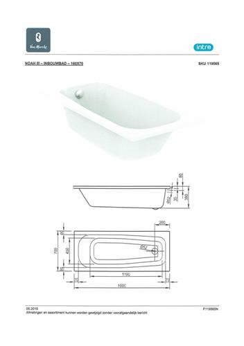 Nemo Start Noah III inbouwbad 160x70x38cm 155L met potenstel wit acryl