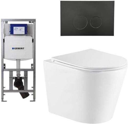 QeramiQ Dely Toiletset - 36.3x51.7cm - diepspoel - rimless - Geberit UP320 Burda inbouwreservoir - softclose toiletzitting - mat zwarte bedieningsplaat - ronde knoppen - wit glans