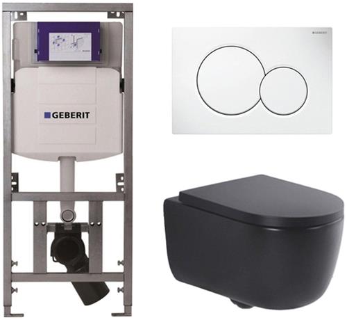 QeramiQ Dely Swirl Toiletset - 36.5x53cm - Geberit UP320 Burda inbouwreservoir - 35mm zitting - witte sigma bedieningsplaat - ronde knoppen - mat zwart