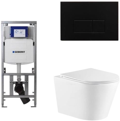 QeramiQ Dely Toiletset - 36.3x51.7cm - diepspoel - rimless - Geberit UP320 Burda inbouwreservoir - softclose toiletzitting - mat zwarte bedieningsplaat - rechtehoekige knoppen - wit glans