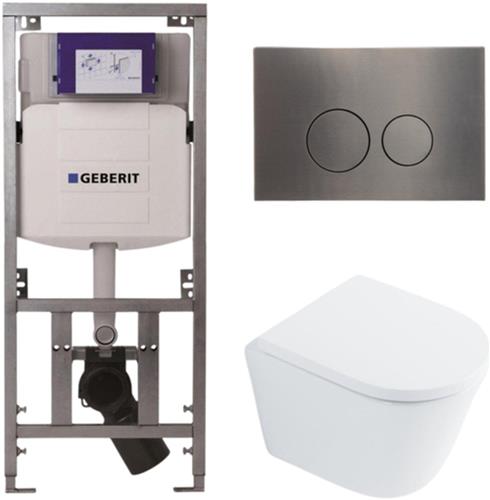 QeramiQ Dely Toiletset - 36.3x51.7cm - diepspoel - rimless - Geberit UP320 Burda inbouwreservoir - softclose toilet zitting 35 mm - gunmetal bedieningsplaat - ronde knoppen - wit glans